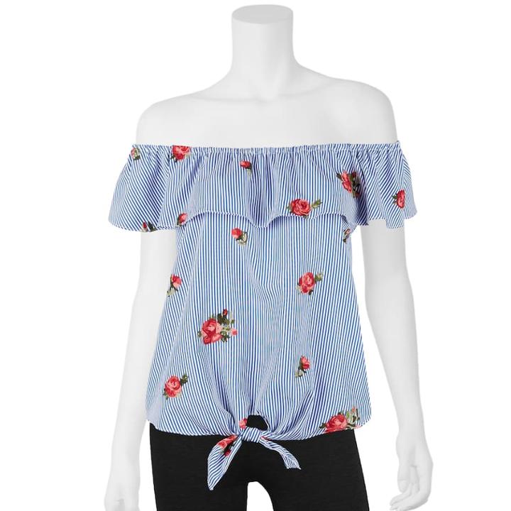 Juniors' Iz Byer Floral Off-the-shoulder Poplin Top, Teens, Size: Small, Flower Embroidery