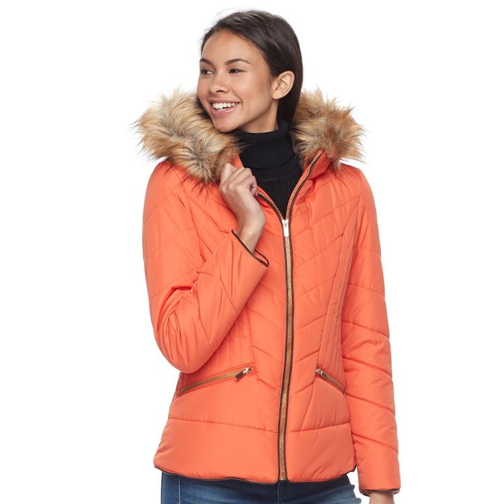 Juniors' Pink Envelope Faux-fur Quilted Puffer Jacket, Teens, Size: Medium, Brt Orange