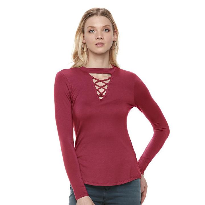 Women's Rock & Republic&reg; Lace Up Top, Size: Large, Dark Red