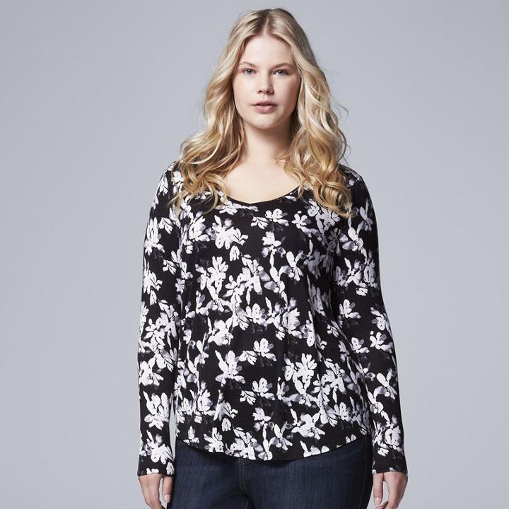 Plus Size Simply Vera Vera Wang Print Rounded-hem Tee, Women's, Size: 0x, Grey
