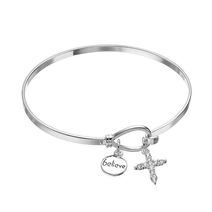 Silver Expressions By Larocks Cubic Zirconia Believe Cross Bangle Bracelet, Women's, Grey