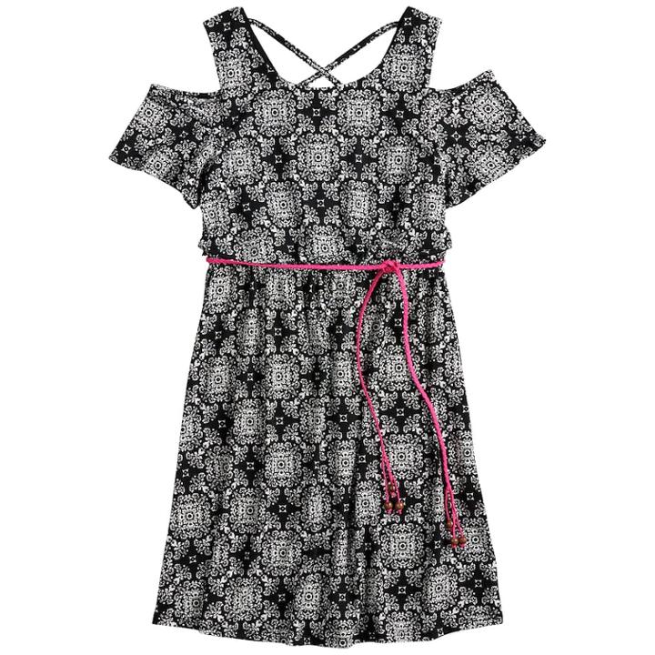 Girls 7-16 Three Pink Hearts Printed Cold-shoulder Dress, Size: 10, Grey (charcoal)