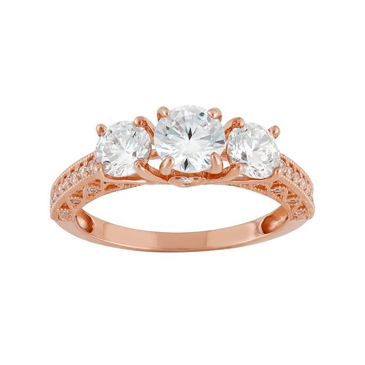 Cubic Zirconia 3-stone Engagement Ring In 10k Rose Gold, Women's, Size: 7, White