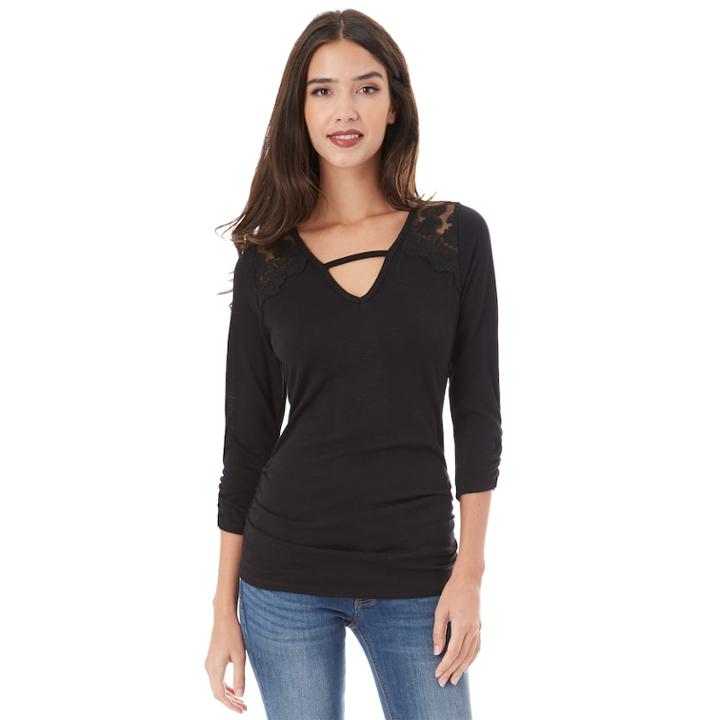 Juniors' Iz Byer Ruched Lace-yoke Top, Teens, Size: Medium, Black