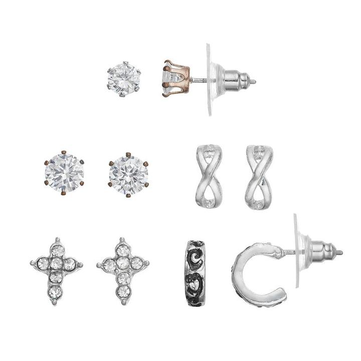 Apt. 9&reg; Cubic Zirconia Solitaire, Cross & Half Hoop Earring Set, Women's, Silver