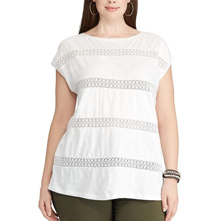 Plus Size Chaps Lace Striped Top, Women's, Size: 3xl, White