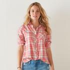 Women's Sonoma Goods For Life&trade; Essential Plaid Shirt, Size: Large, Med Pink