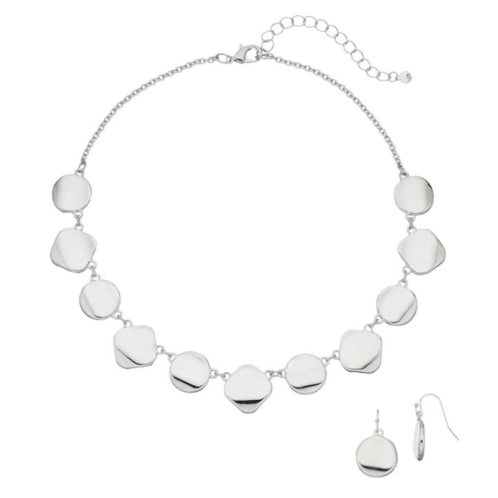 Disc And Square Necklace & Drop Earring Set, Women's, Silver