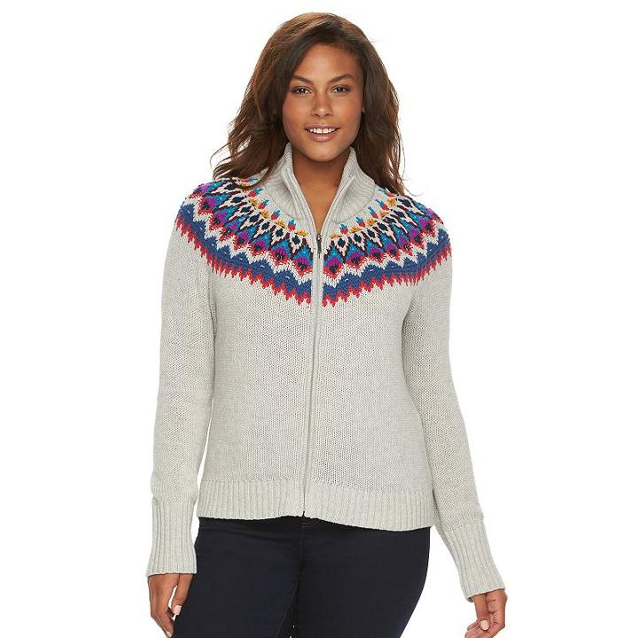 Plus Size Chaps Fairisle Full-zip Mockneck Sweater, Women's, Size: 1xl, Pink Ovrfl