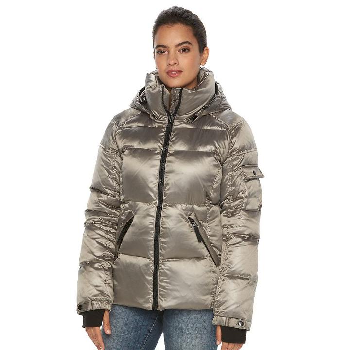 Women's S13 Kylie Hooded Metallic Down Puffer Jacket, Size: Medium, Med Grey