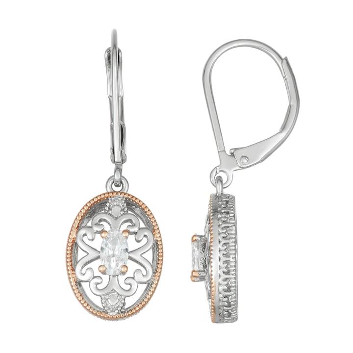 Cubic Zirconia Two Tone Open Work Drop Earrings, Women's, White