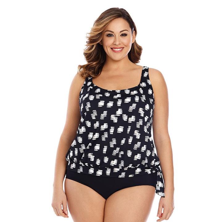 Plus Size Upstream Brushstroke Blouson Tankini Top, Women's, Size: 22 W, Black