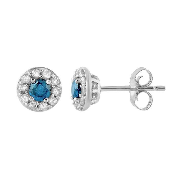 10k White Gold 1/3 Carat T.w. Blue & White Diamond Halo Stud Earrings, Women's