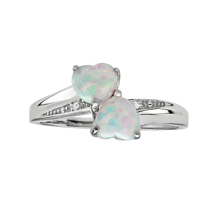 Sterling Silver Lab-created Opal And Diamond Accent Heart Bypass Ring, Women's, Size: 7, White