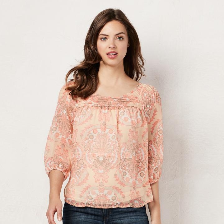Women's Lc Lauren Conrad Printed Chiffon Peasant Top, Size: Xs, Pink