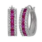 Sterling Silver Lab-created Ruby And Lab-created White Sapphire Hoop Earrings, Women's, Red