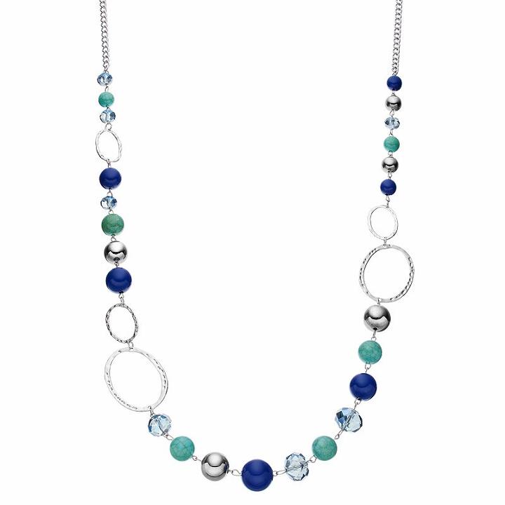 Blue Bead & Hammered Oval Long Necklace, Women's