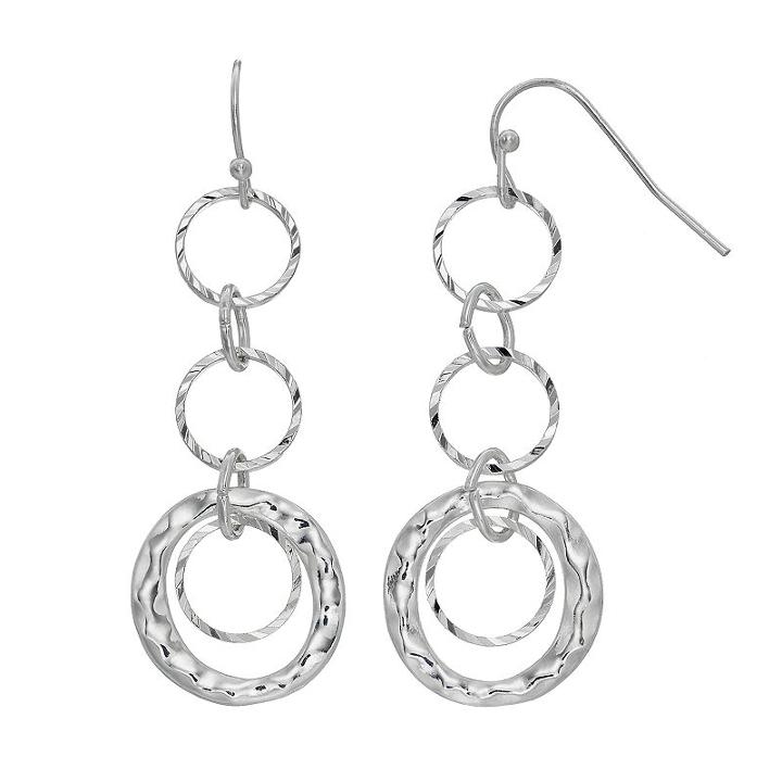 Hammered Triple Hoop Nickel Free Drop Earrings, Women's, Silver