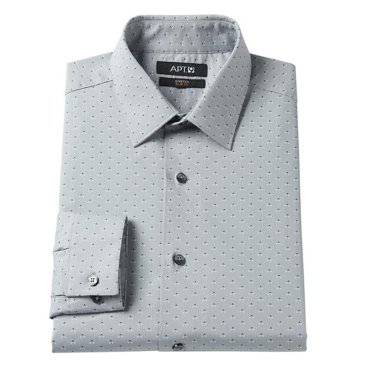 Men's Apt. 9&reg; Slim-fit Patterned Stretch Spread-collar Dress Shirt, Size: 17-32/33, Light Grey