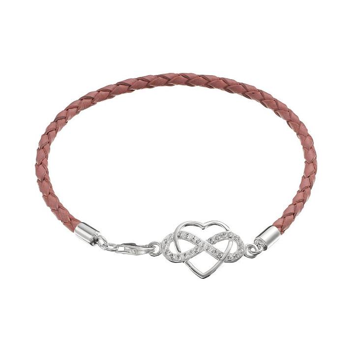 Crystal Sterling Silver Infinity Heart Link Woven Leather Bracelet, Women's, Size: 7.5, White