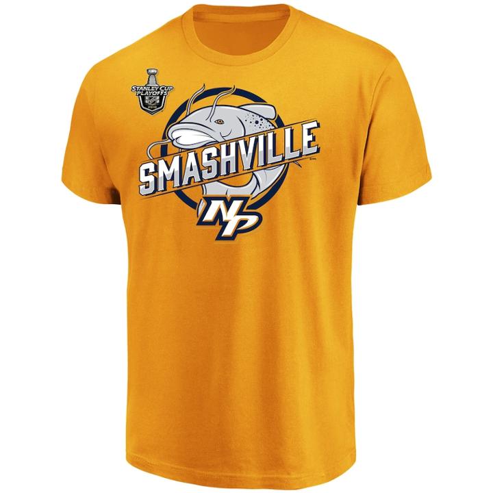 Men's Stanley Cup 2018 Playoffs Nashville Predators Catfish Smashville Tee, Size: Large, Gold