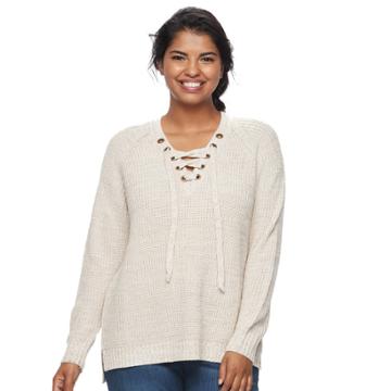 Juniors' Plus Size It's Our Time Lace-up Sweater, Teens, Size: 1xl, Dark Beige