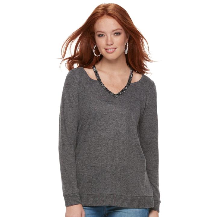 Women's Juicy Couture Embellished Trim Cut-out Top, Size: Xs, Grey (charcoal)