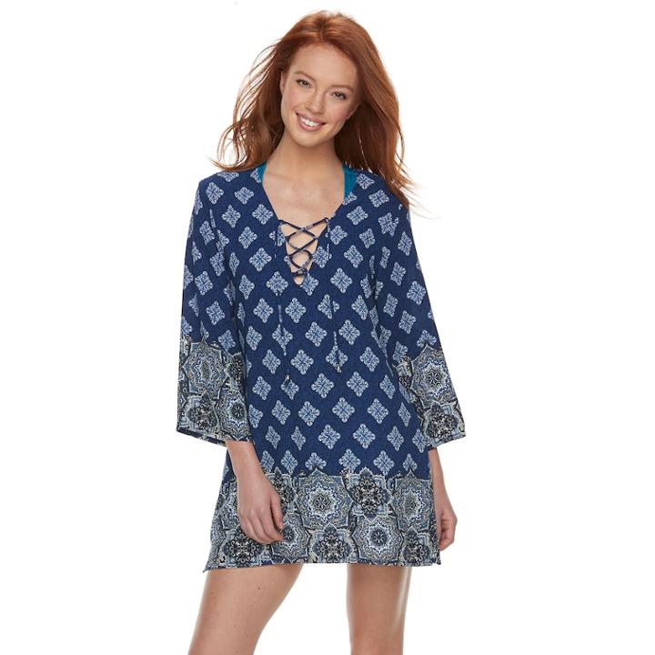 Women's Portocruz Medallion Lace-up Cover-up, Size: Medium, Med Blue