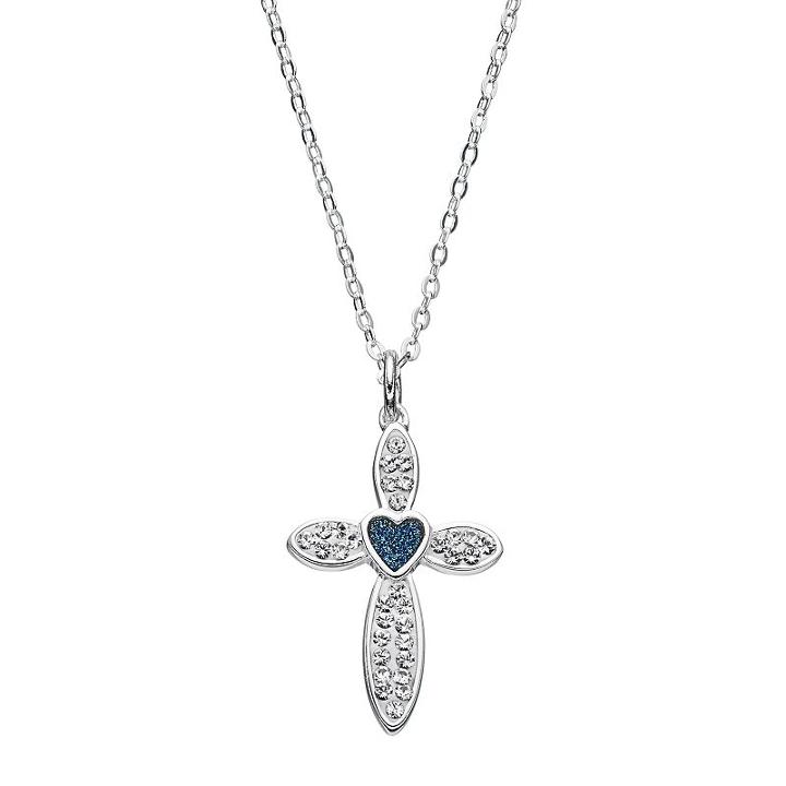 Brilliance Silver Plated Glitter Heart Cross Pendant With Swarovski Crystals, Women's, Blue