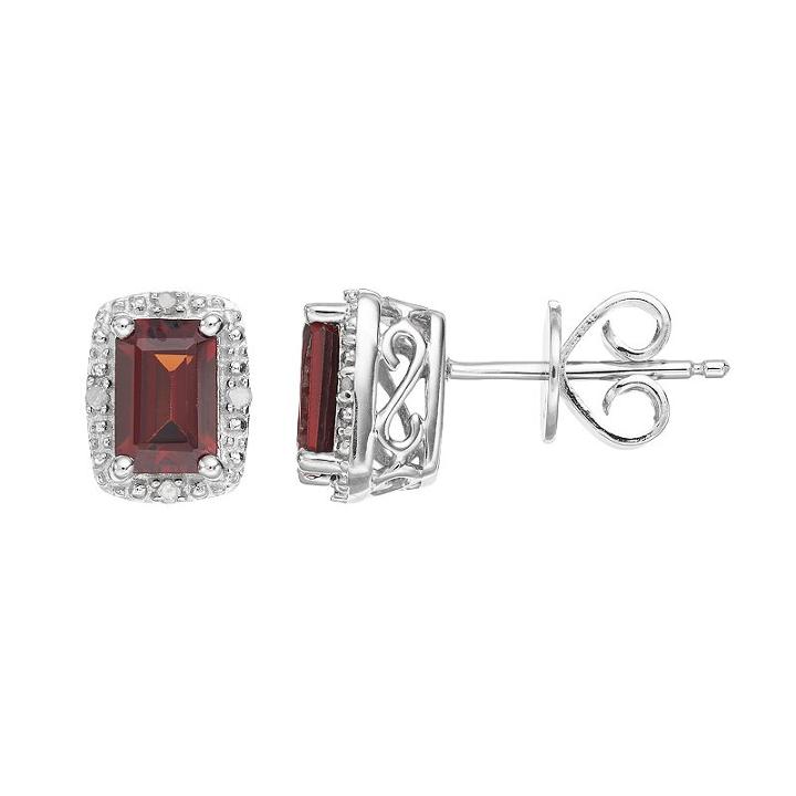 Sterling Silver Garnet & Diamond Accent Halo Stud Earrings, Women's, Red