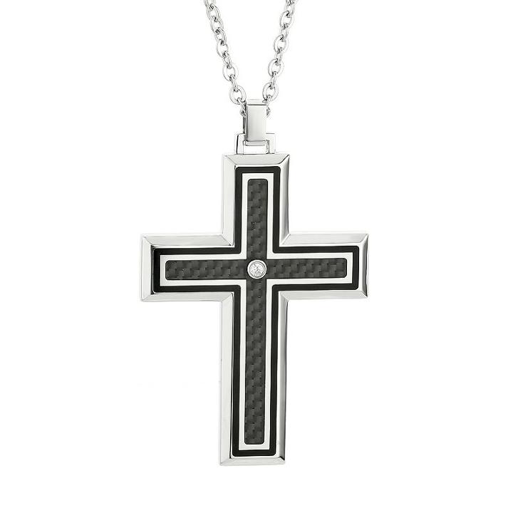 Lynx Cubic Zirconia Two Tone Stainless Steel Carbon Fiber Cross Pendant Necklace - Men, Size: 22, Black