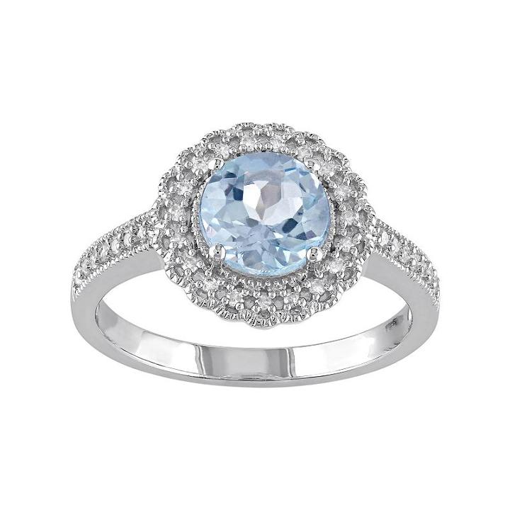 Sterling Silver Sky Blue Topaz & 1/8 Carat T.w. Diamond Halo Ring, Women's, Size: 7