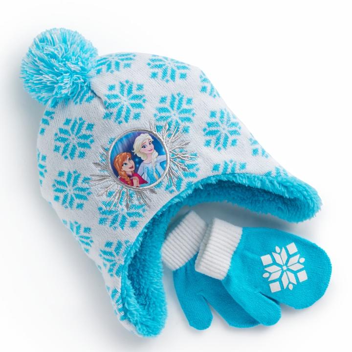 Disney's Frozen Toddler Girl Elsa & Anna Snowflake Trapper Hat & Mittens Set, White