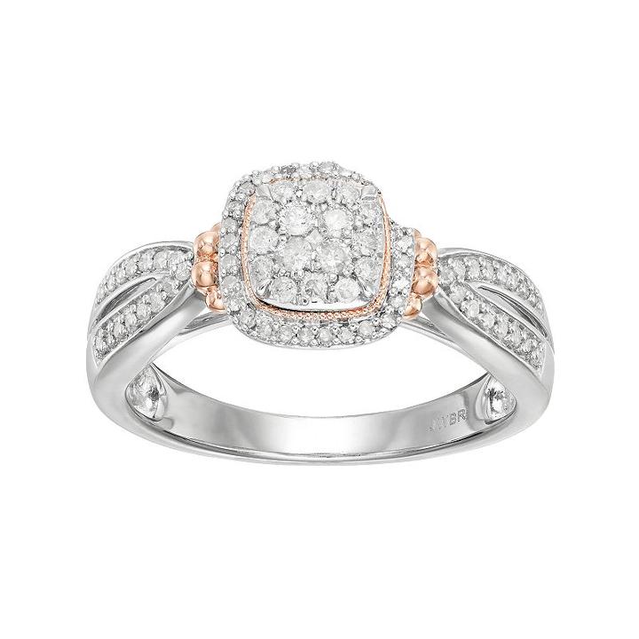 Always Yours Two Tone Sterling Silver 1/3 Carat T.w. Diamond Cushion Halo Engagement Ring, Women's, Size: 8, White