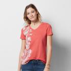 Women's Graphic V-neck Tee, Size: Xs, Med Orange