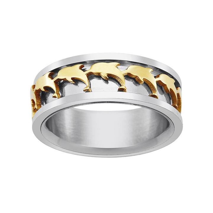 Yellow Ion-plated Stainless Steel And Stainless Steel Dolphin Spinner Band - Men, Size: 7, Multicolor