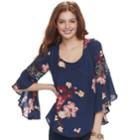 Juniors' Heartsoul Floral Bell Sleeve Top, Teens, Size: Xl, Dark Blue