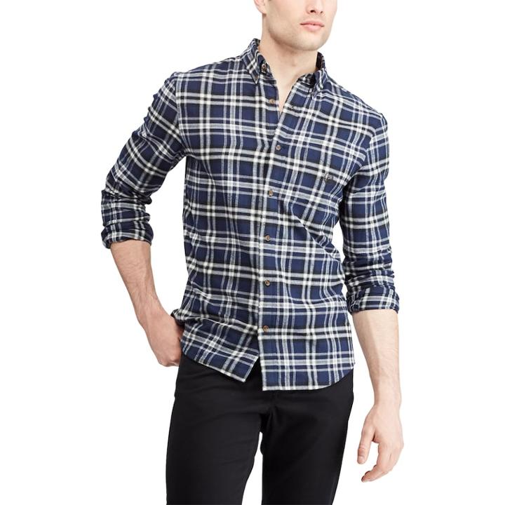 Men's Chaps Slim-fit Performance Flannel Button-down Shirt, Size: Large, Blue (navy)