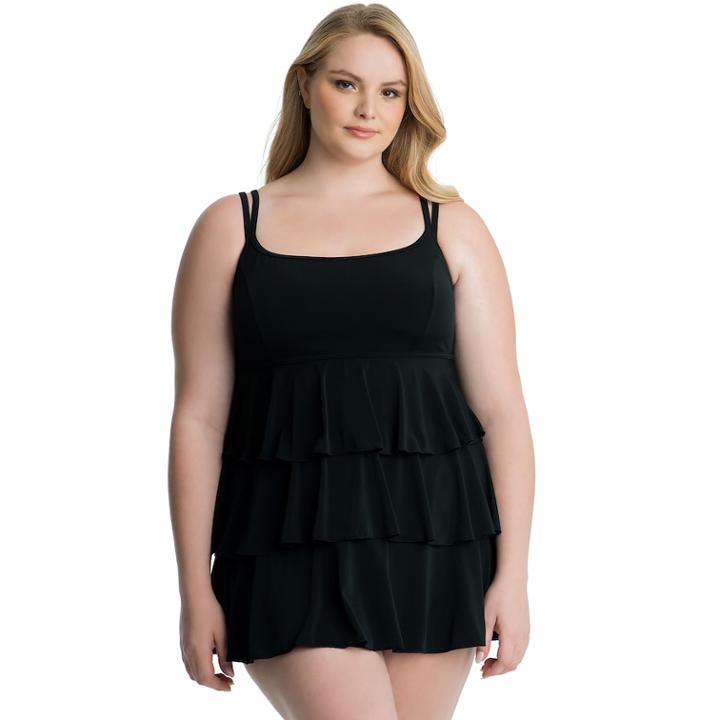Plus Size Great Lengths Tummy Slimmer Tiered Swimdress, Women's, Size: 18, Black