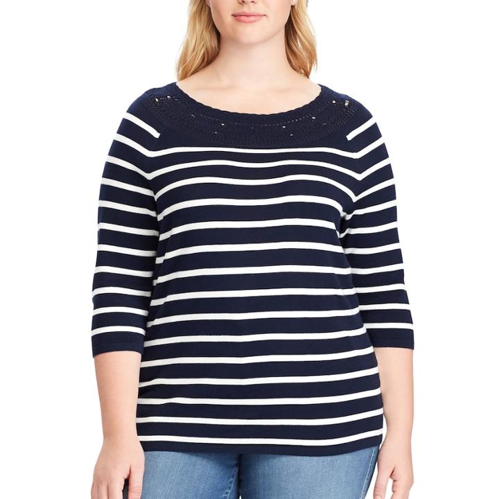 Plus Size Chaps Lace-trim Striped Boatneck Sweater, Women's, Size: 2xl, Blue (navy)