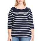 Plus Size Chaps Lace-trim Striped Boatneck Sweater, Women's, Size: 2xl, Blue (navy)
