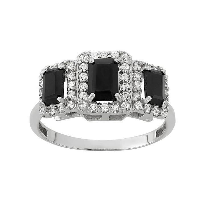Onyx And Lab-created White Sapphire Sterling Silver 3-stone Halo Ring, Women's, Size: 7, Black