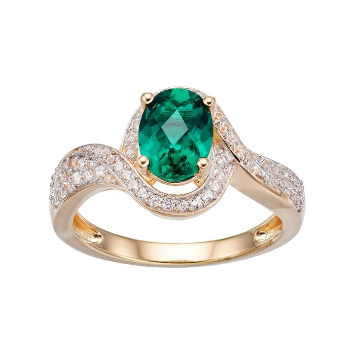 14k Gold Over Silver Lab-created Emerald & White Sapphire Halo Ring, Women's, Size: 7, Green