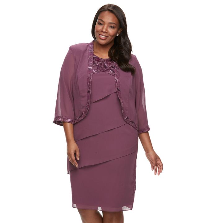 Plus Size Le Bos Lace-trim Jacket & Tiered Dress, Women's, Size: 16 W, Purple