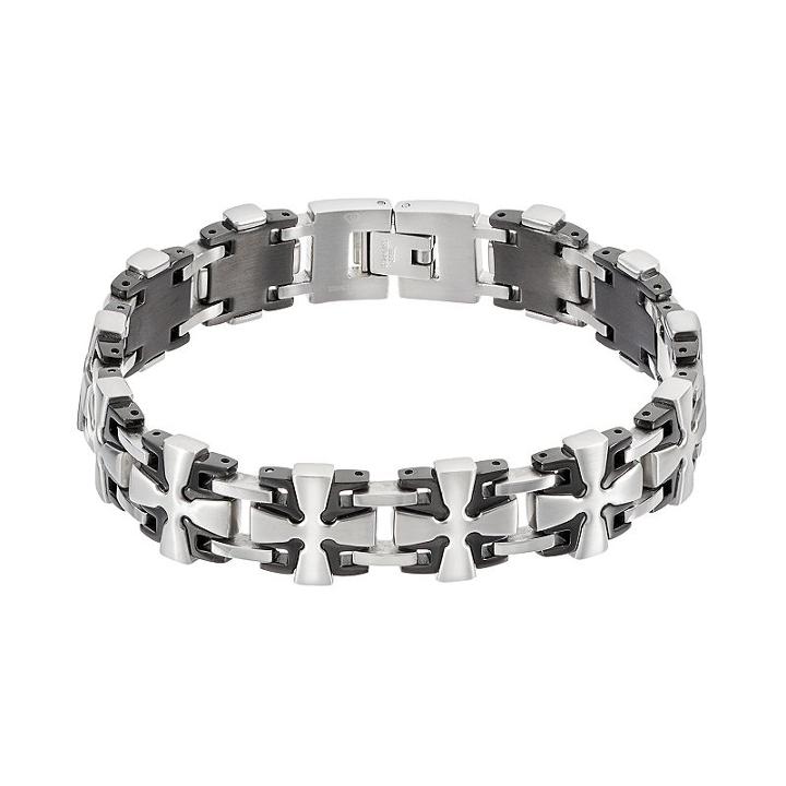 Men's Two Tone Stainless Steel Cross Link Bracelet, Silver