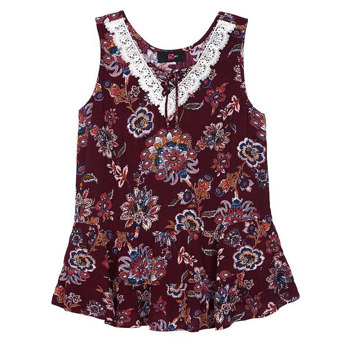 Girls 7-16 Iz Amy Byer Patterned Lace-up Tiered Swing Tank Top, Size: Large, Dark Red