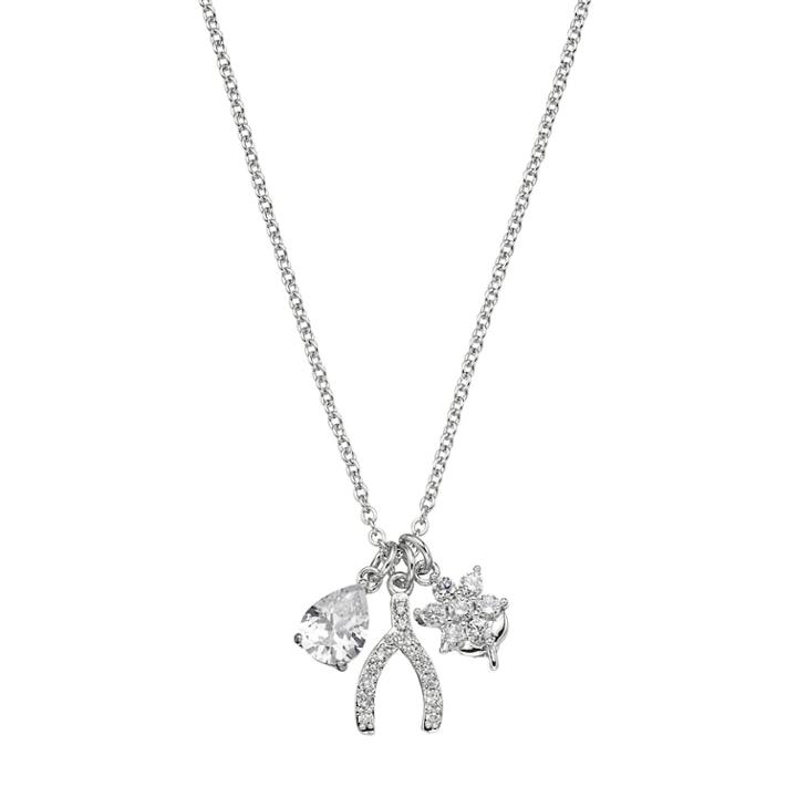 18k White Gold-plated Cubic Zirconia Wishbone & Flower Charm Pendant Necklace, Women's