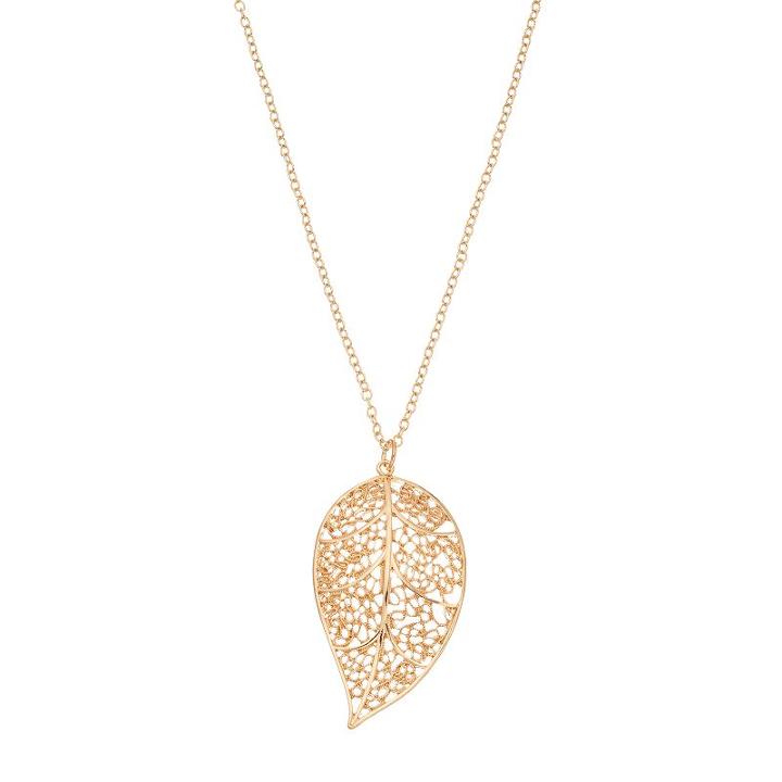 Filigree Leaf Long Pendant Necklace, Women's, Gold