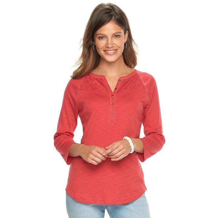 Women's Chaps Lace Yoke Henley, Size: Large, Red