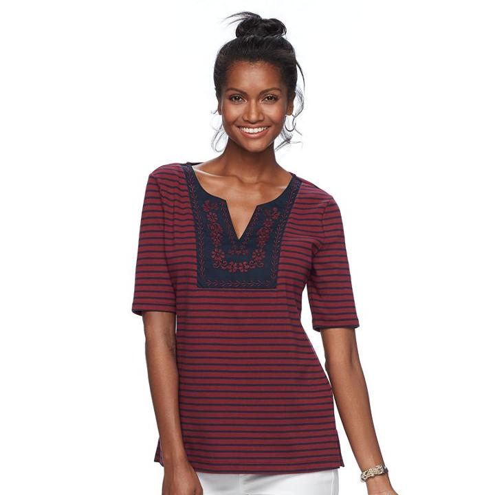Women's Croft & Barrow&reg; Striped Embroidered Bib Top, Size: Xl, Orange